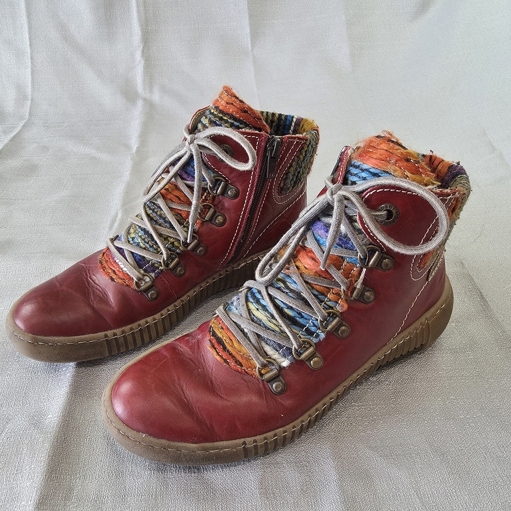 Josef Seibel Maren 06 Red Leather Knit Cuff Ankle Boots EU 37